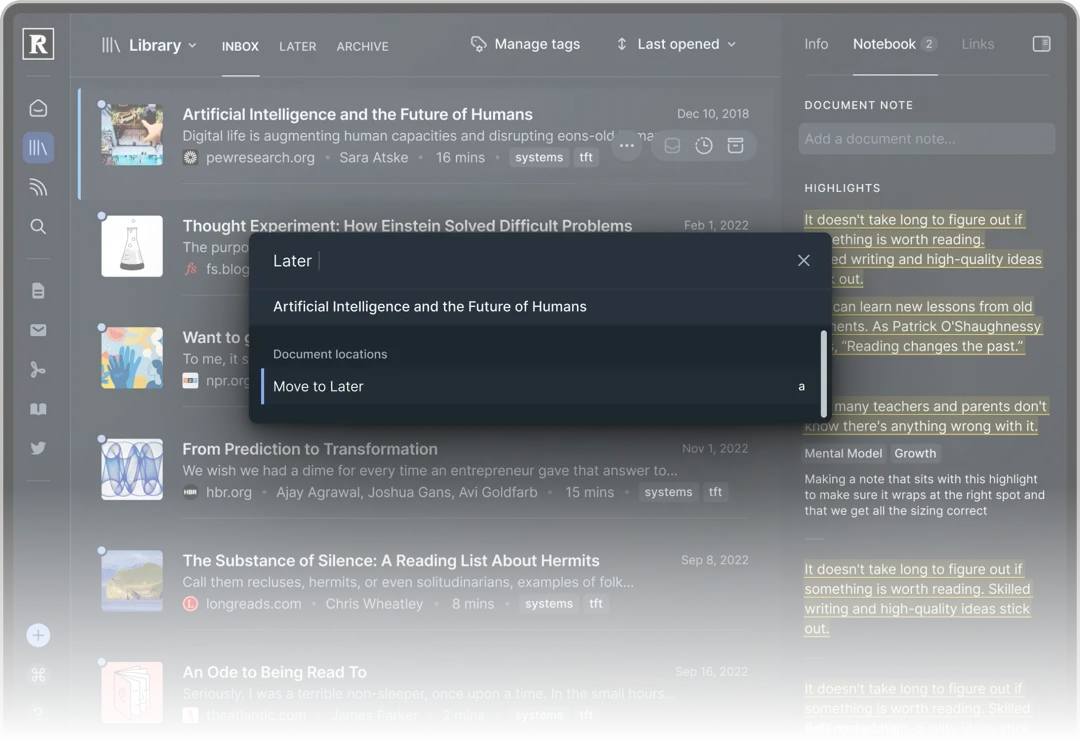 The inbox with the command palette open