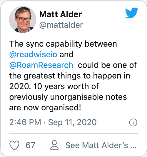 The sync capability between @readwiseio and @RoamResearch could be one of the greatest things to happen in 2020. 10 years worth of previously unorganisable notes are now organised!